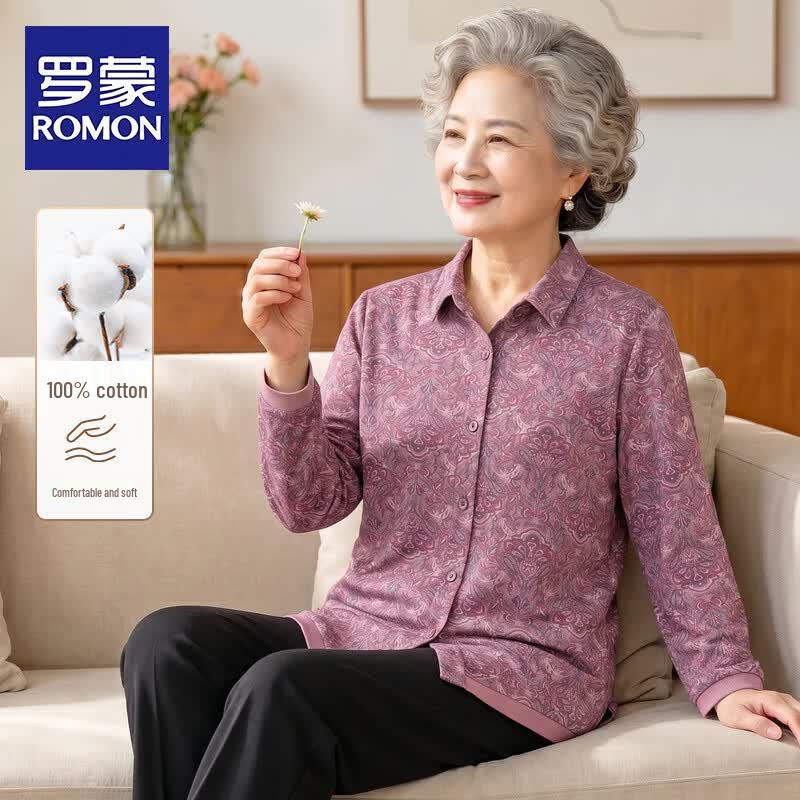ROMON Women s Floral Print 3/4 Sleeve Cotton Shirt L