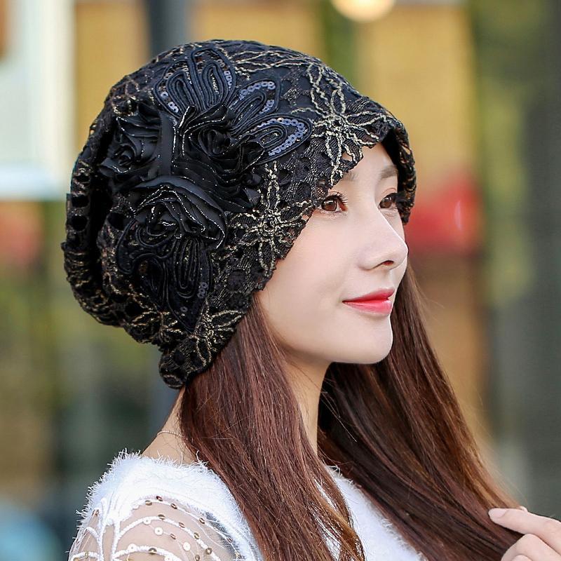 

Модная шапка-пуловер с бантом для женщин на весну и осень, ажурная кружевная корейская цветочная шапка-бандана one size