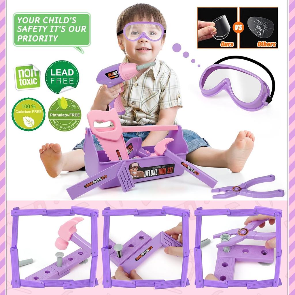 Kids Tool Set with Toy Drill, Toy Tool Box, Construction Tools, Pretend Play Toddler Girl Toys Gifts for Toddlers Kids Aged 3 4 5 6 7
