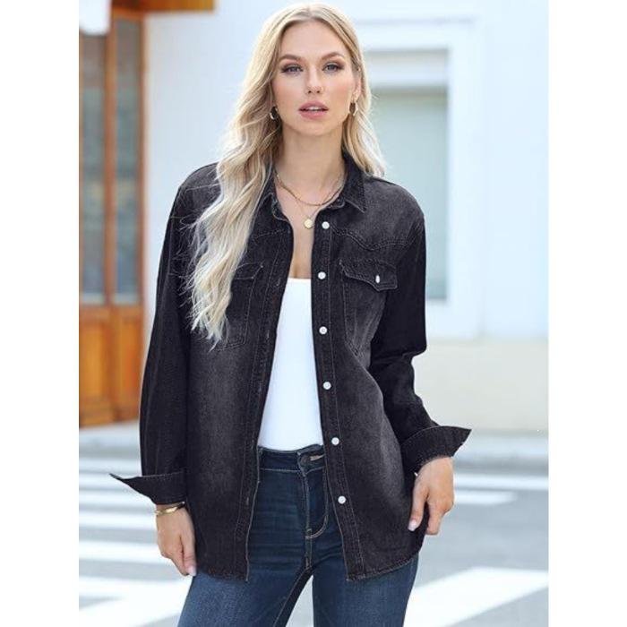 European American Women s Retro Denim Long Coat - Autumn Casual Fashion 4XL чёрный