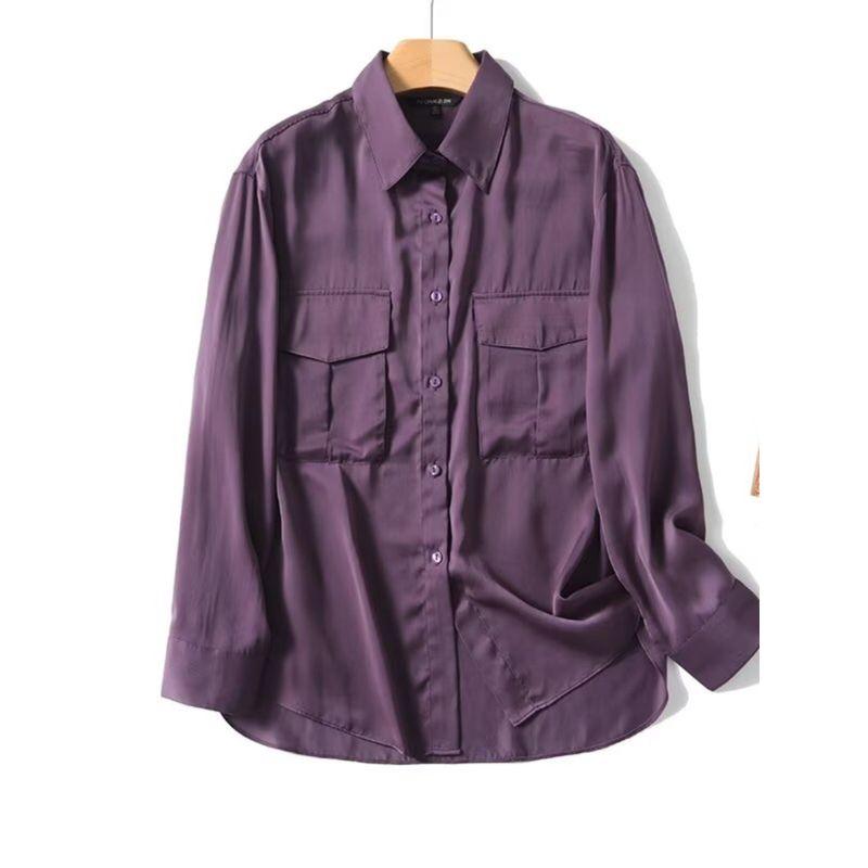 MD Women's French Style Young Commute Style Fancy Purple Silk Satin Texture Long Sleeves Shirt 05196670611