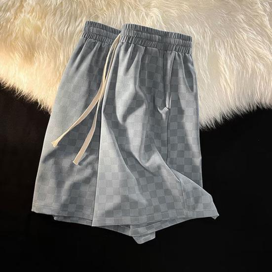 Men Shorts Chessboard Pattern Shorts with Side Pockets Elastic Waist Drawstring Wide Leg Loose Fit Shorts