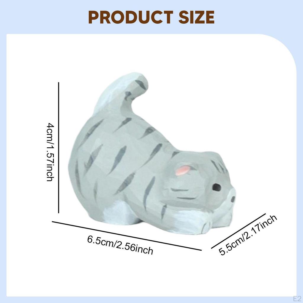 Carved Cat Statue, Sculpture Fortune Gift Collectible Animal Figure Miniature Wooden Figurine for