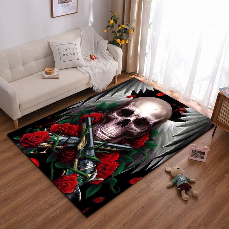 

Skull Rug with Guns, Red Roses and Wings on Black Background Suitable for use as an anti-slip for living room bedroom sofas 40x60cm( 15x23in )