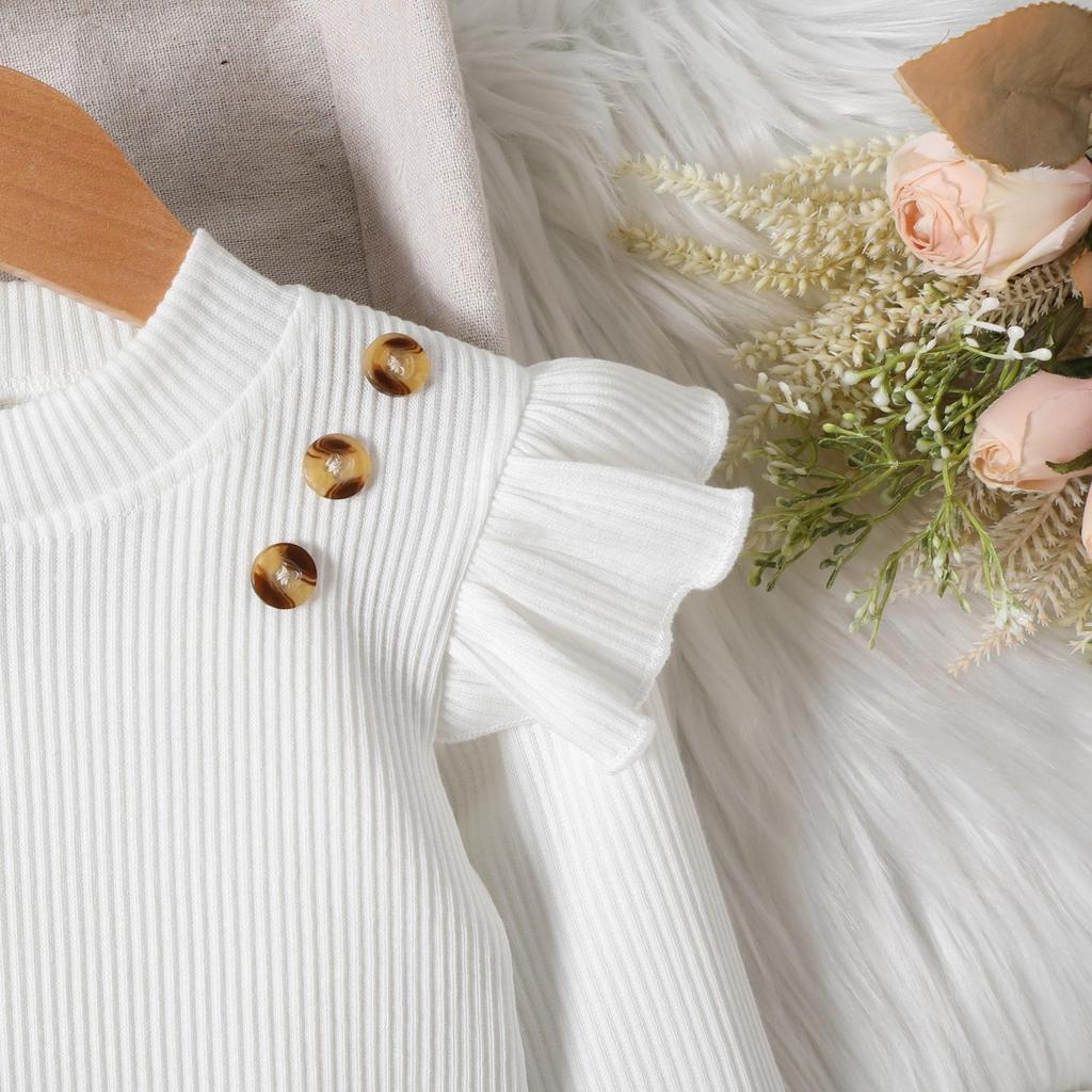 Europäischer & Amerikanischer Stil Mädchen Geripptes Top mit Fliegenärmeln & Unregelmäßiges Karomuster Rock Hosen Set