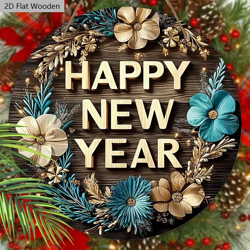 Artistic Happy New Year Wooden Sign - Wreath Round Sign for Front Door, Wall Hanging Decor - Ideal Festival Ornament