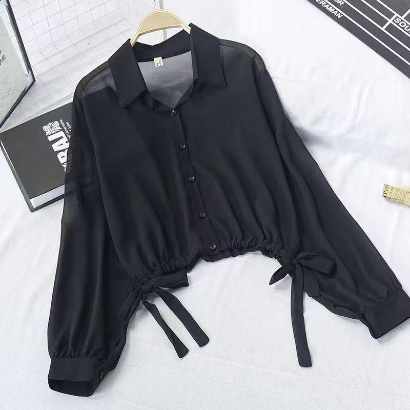 Japanese Style Matte Loose and Slimming Design Shirt Top Women's Early Autumn Flip Collar Long Sleeved Cardigan Blouse