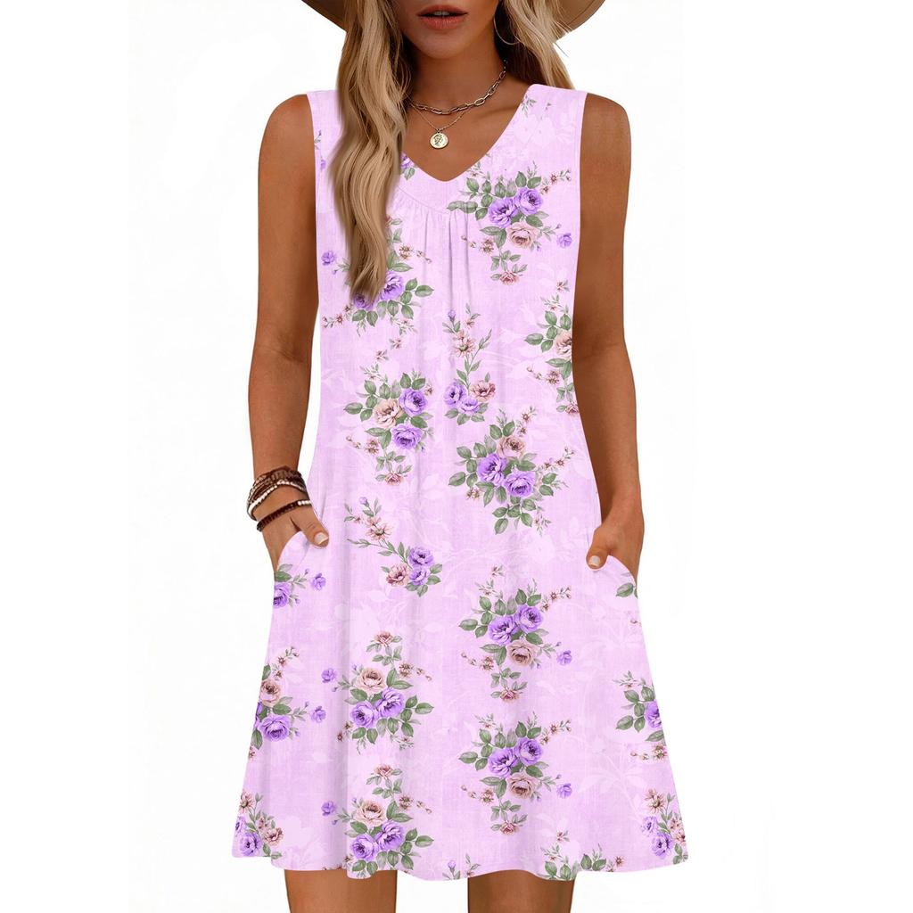 Women's Fashion Printed Summer Sleeveless V-neck Tank Top Pocket Casual Loose Dress