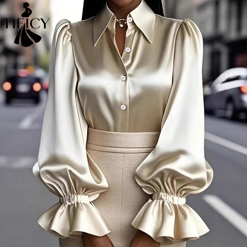 TIFICY Women's Fashion Casual Spring Autumn Solid Color Print Long Sleeve POLO Neck Blouses & Shirts