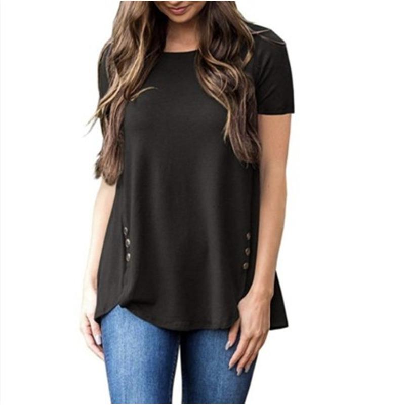 2026 Summer Women's Solid Color T-Shirt New Short Sleeve Button Round Neck Top