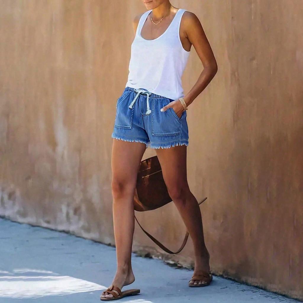 Women's Solid Color Jeans Stretch Slim Fit Distressed Denim Shorts