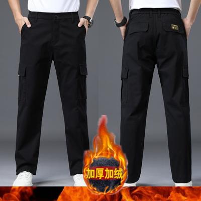 Winter Men'S Warm Cotton Stretch Work Pants With Thick Velvet And Loose Straight Tube Elastic Waist Multi Pocket Casual Pants