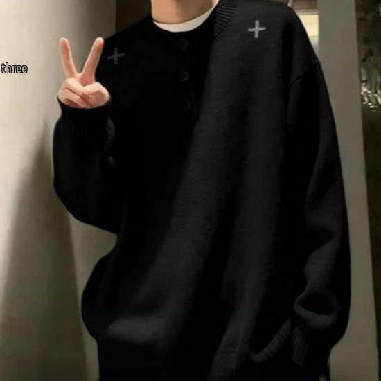 Men's Black Embroidered Henley Sweater - Cozy, High-End Knitwear for Autumn/Winter, Perfect Solo or as a Layer