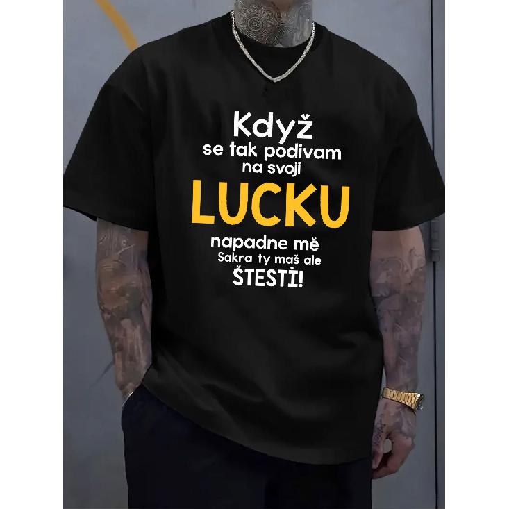 Men s 100% Cotton Polish & Slovakian Czech-Slovak Text T-Shirt - Breathable Moisture-Wicking Crew Neck, Czech/Slovakian Phrases (Luckiest S чёрный