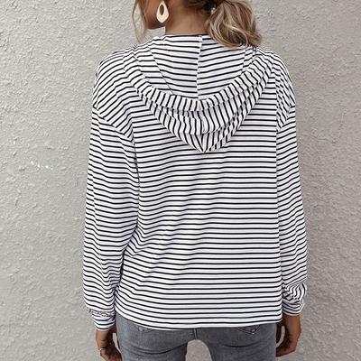 Women's Fashion Loose Striped Hooded Sweater with Drawstring and Pockets