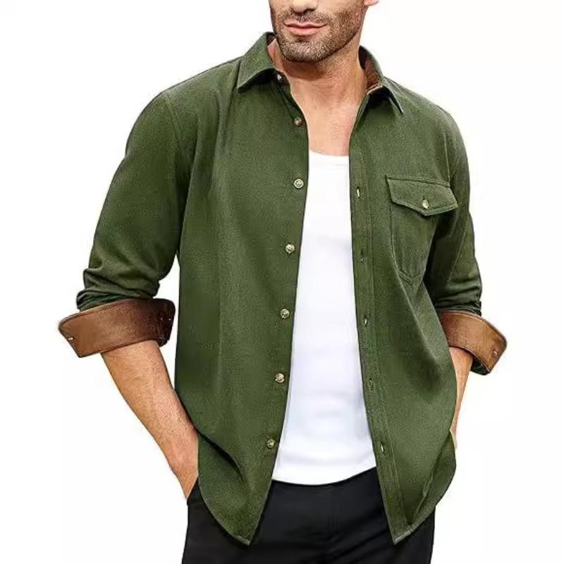 Eaby autumn and winter new long-sleeved plain collar daily vacation solid color men's shirt