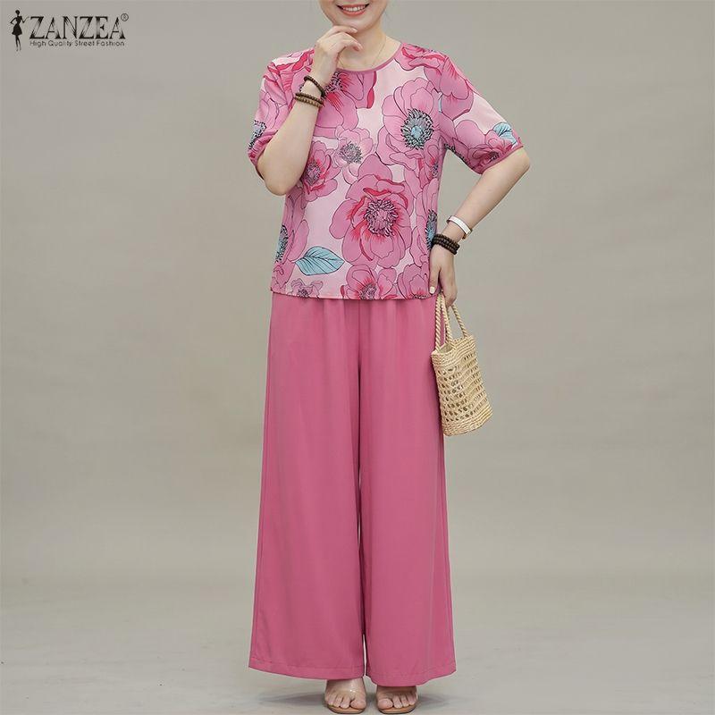ZANZEA Damen Halbsleeve Blumenprint Bluse und Lange Hose Lässige Zweiteilige Sets