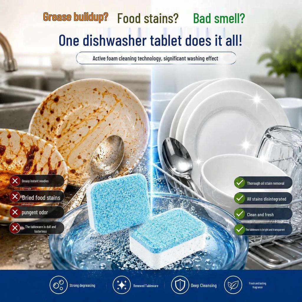 Effervescent 5-in-1 Dishwasher Tablets: Dissolve Grease, Soft Water Salt, & Cleaner.