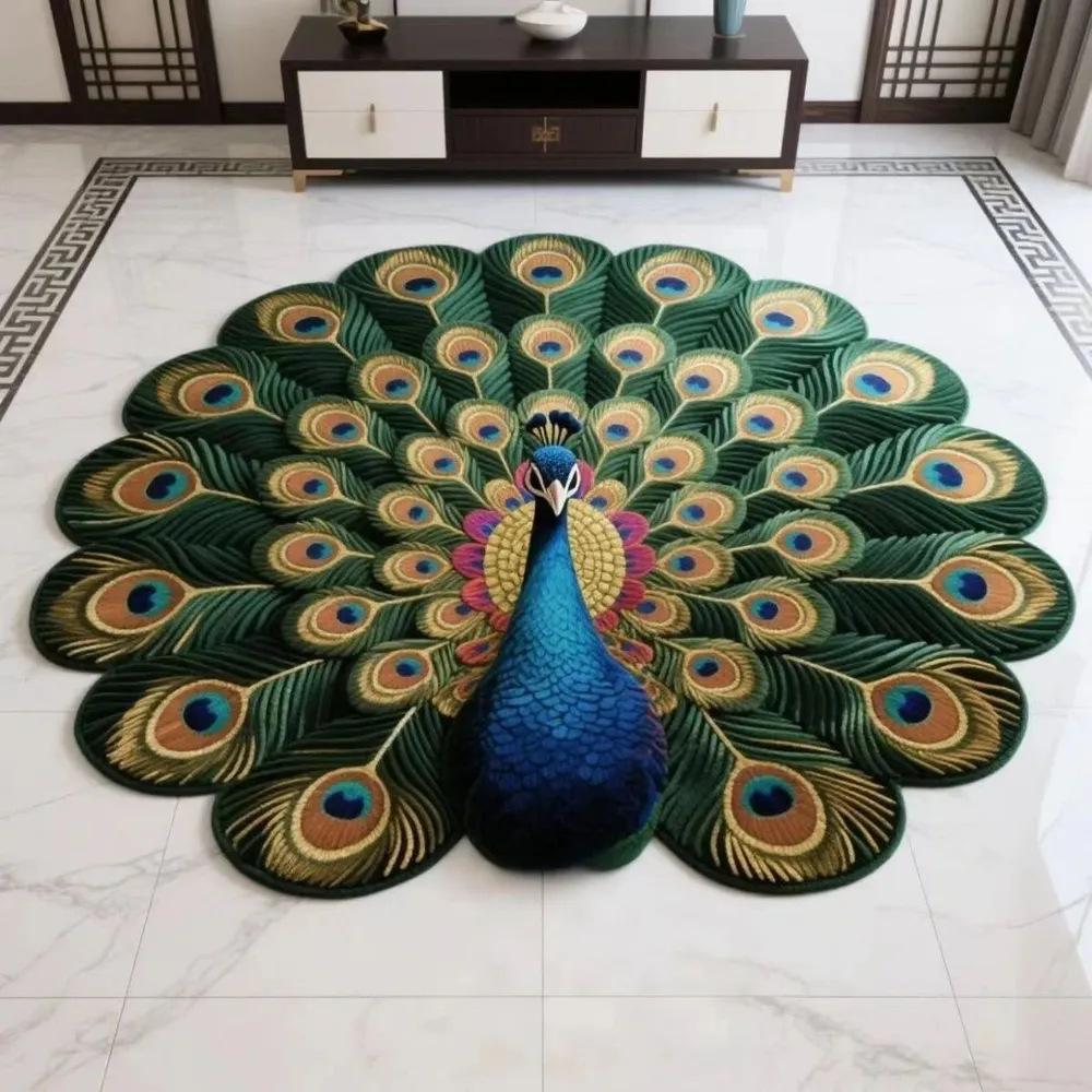 3D Peacock Floral Round Carpet Plush Print Area Rug Home Decoration Non Slip Easy Care Living Room Sofa