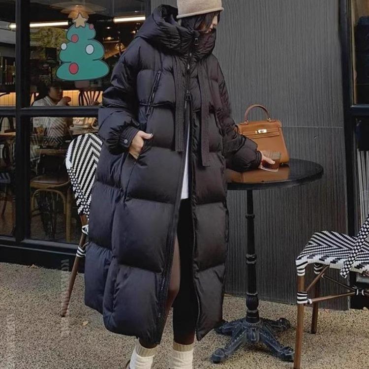 

Зимняя теплая женская куртка с белым утиным пухом, длинное пальто с капюшоном, воротник-стойка, свободного кроя, однотонная пуховая куртка M чёрный