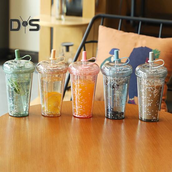 Leak-proof Iced Coffee Cup Reusable Straight Pipette Cup with Built-in Straws Double Wall Insulated Iced Coffee Tumbler Cartoon Drinking Cup