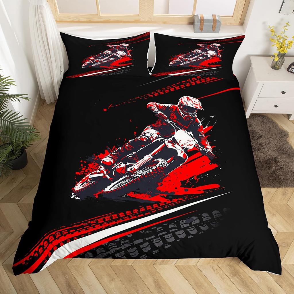 Motorcycle Duvet Cover Set for Boys Men Queen King Size Lightweight Down Room Decor 2 Pillowcases and 1 Duvet Cover No Comforter