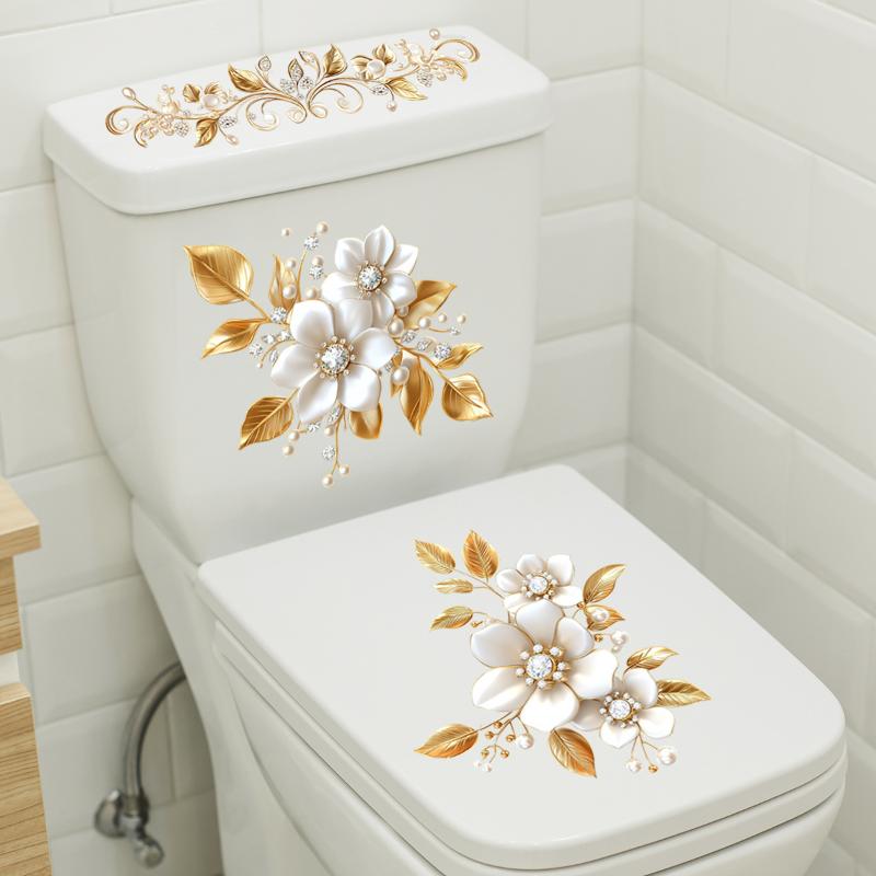 Light Luxury Golden Flower Toilet Sticker Bathroom Waterproof Self-adhesive Water Tank Decorative Sticker