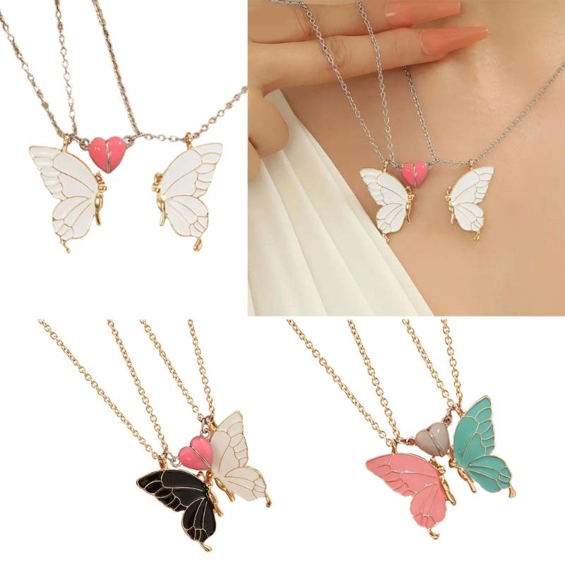 1 Pair Glowing In Dark Butterfly Pendant Necklaces With Magnetic Heart Clasp Detail For Best Friend Gift