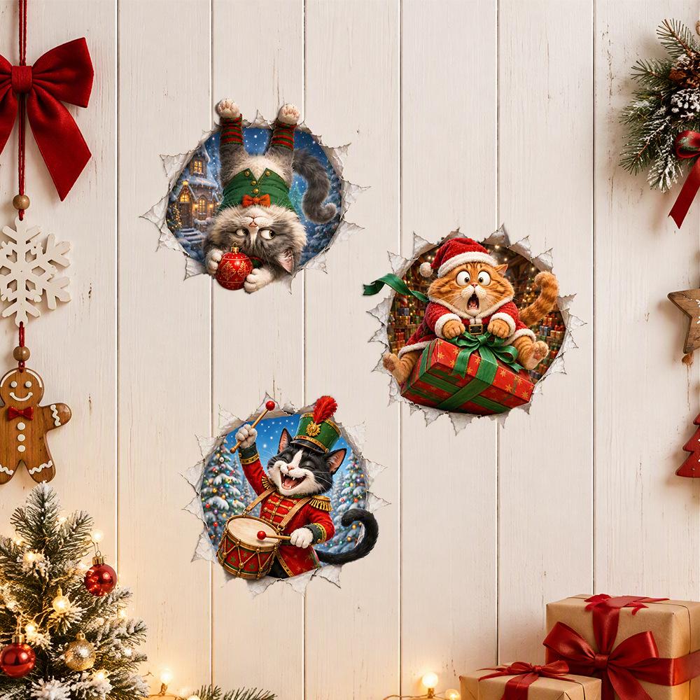 Christmas Broken Wall Combo Window Sticker Self Adhesive 3D Funny Shop Showcase Glass Decal Festive Decor