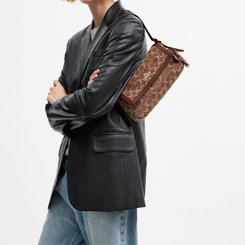 Coach Etta 25 Klassische Monogramm-Stoff-Umhängetasche Mittelgroß Damen-Umhängetasche Hell-Khaki Vintage-Braun CCV65-IMYN0