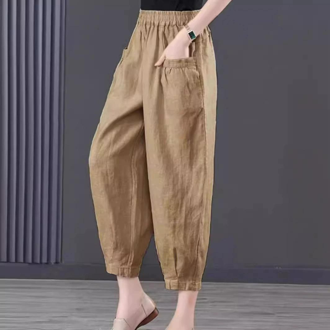 

Женские летние простые свободные элегантные однотонные брюки с высокой талией, тонкие, широкие, женская одежда, повседневные, универсальные, укороченные брюки XXL хаки