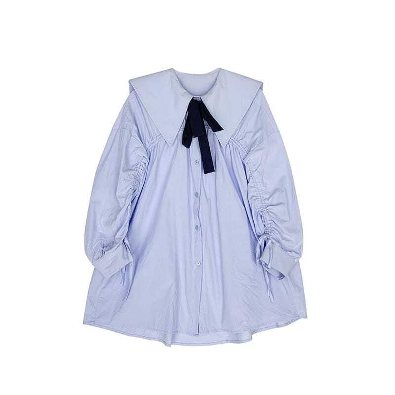 Blaues Damenhemd Peter-Pan-Kragen Krawatte Elastischer Kordelzug Laternenärmel Bluse Koreanischer Stil Frühling Neue Version Lockeres Damenoberteil