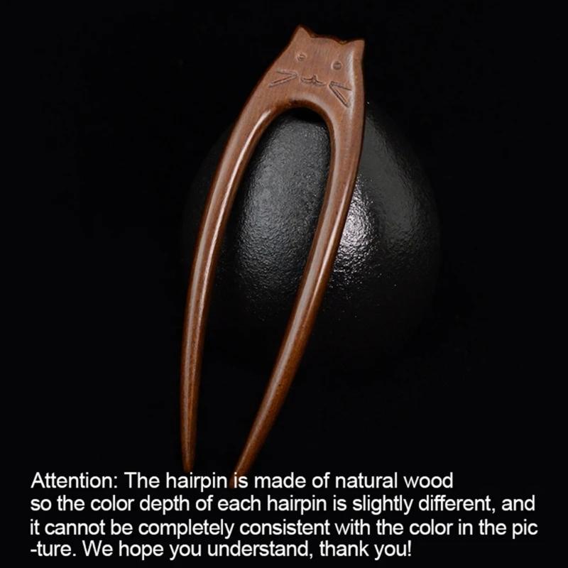 Artistic Cats Pattern Wood Hairpin Unique Hair Fork Ethnic Style Hairpin for Women Girls Ethnic Style Hair Accessories