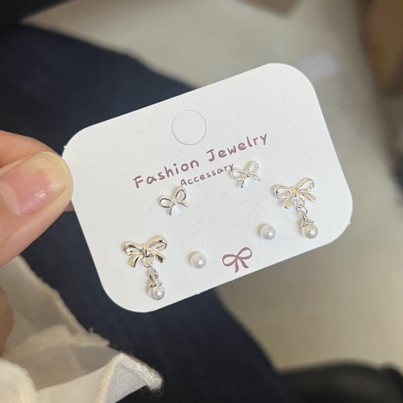 3 Pairs Silver Bow Pearl Stud Earrings Set Stud Earring Perfect For Daily Wear Dates Parties Women Jewelry Accessories