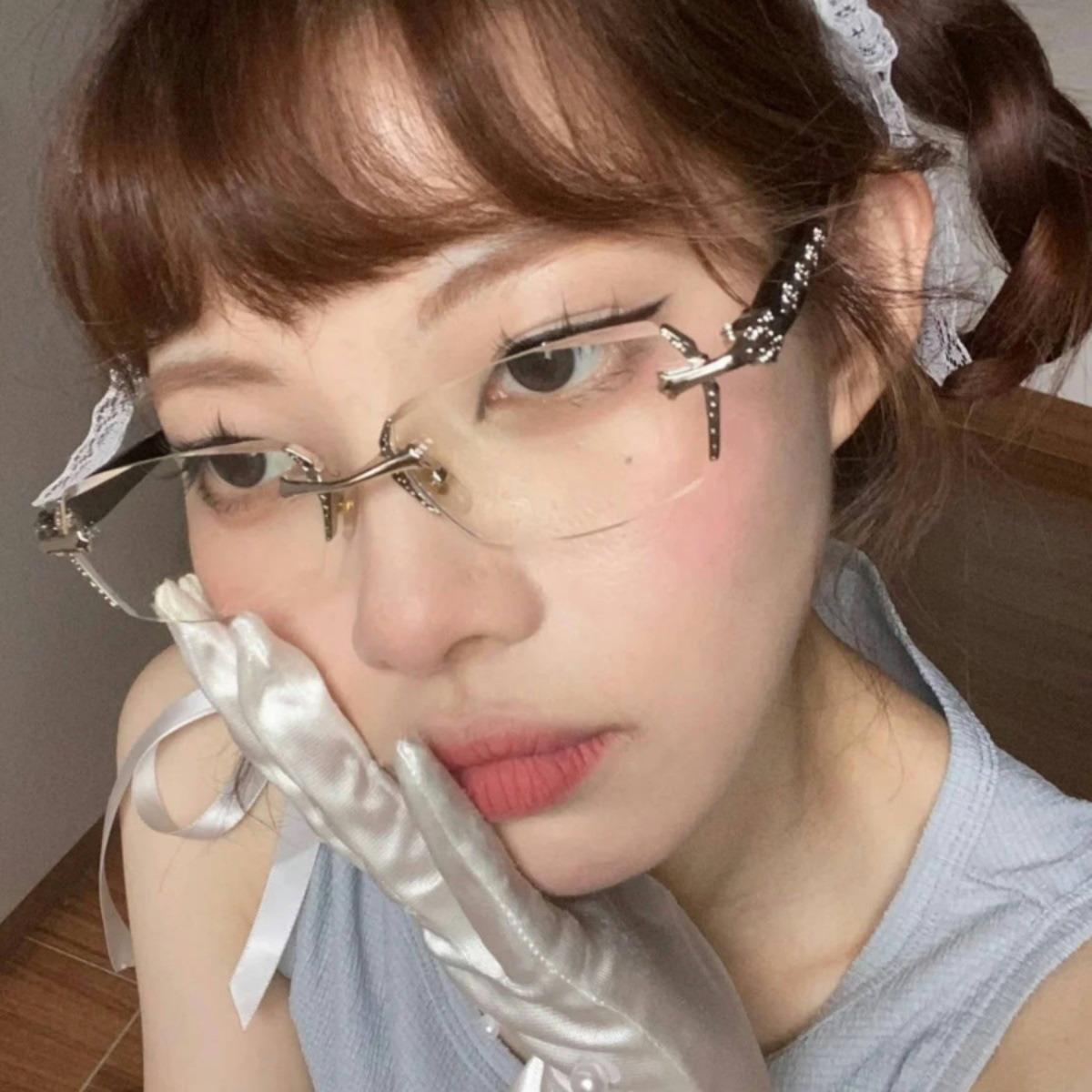 

Retro Silver Square Rimless Glasses Women S Round Face Spice Girl Concave Shape Flat Light Plain Glasses High Definition - anti-blue flat mirror [0 degrees]