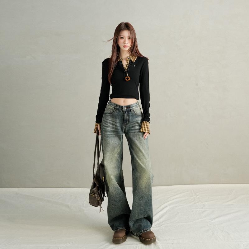 2025 Herbst/Winter Damen Elegante Hüftjeans Amerikanische Weite Gerades Bein Bodenlang Weites Bein