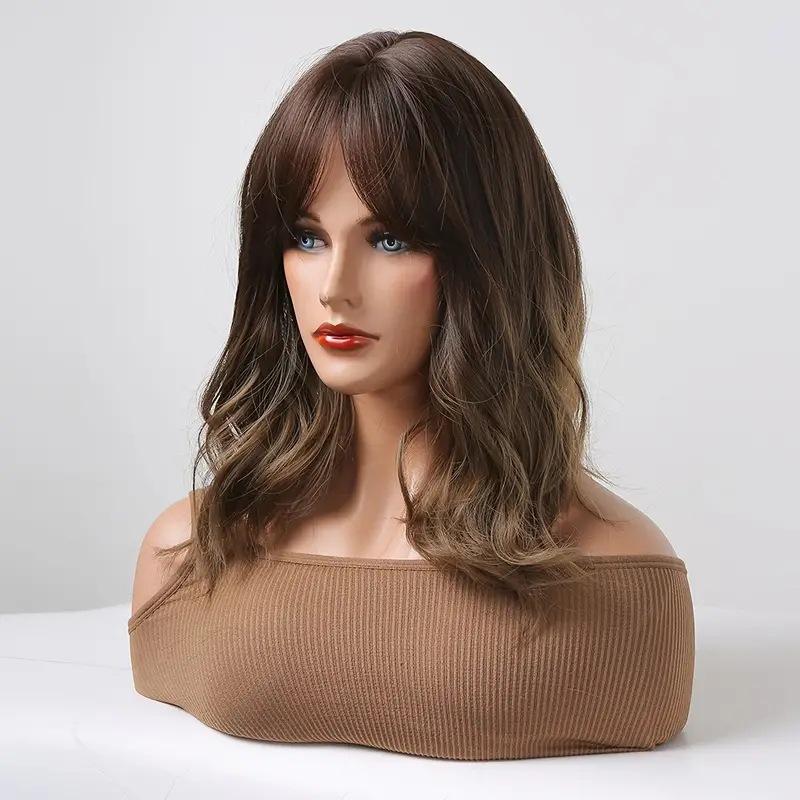 Synthetic Natural Wavy Wigs with Bangs Blonde Brown Wigs for Women Cosplay Party Use Heat Resistant Fiber Hair Wig