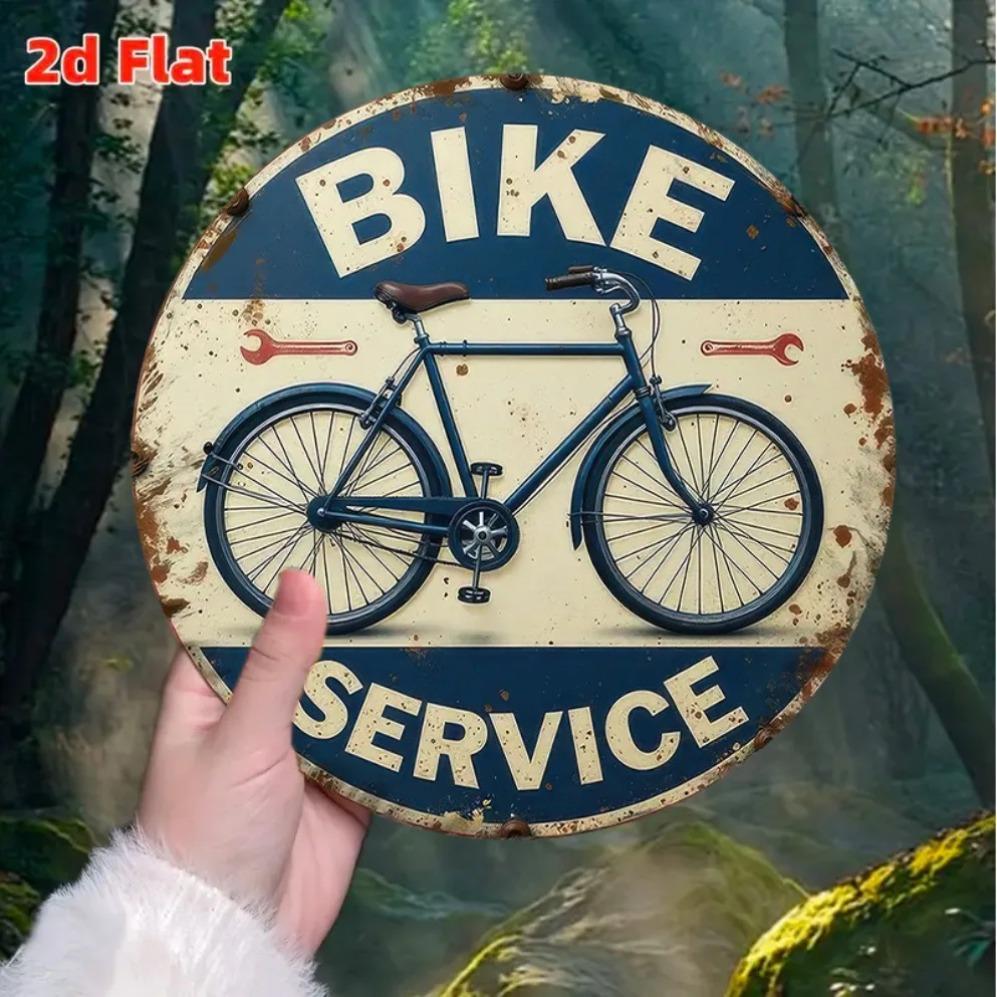 D Flat BIKE SERVICE Round Metal Tin Sign Retro Vintage Bicycle Themed Wall Decor Rustic Cycling Art for Garage Man Cave