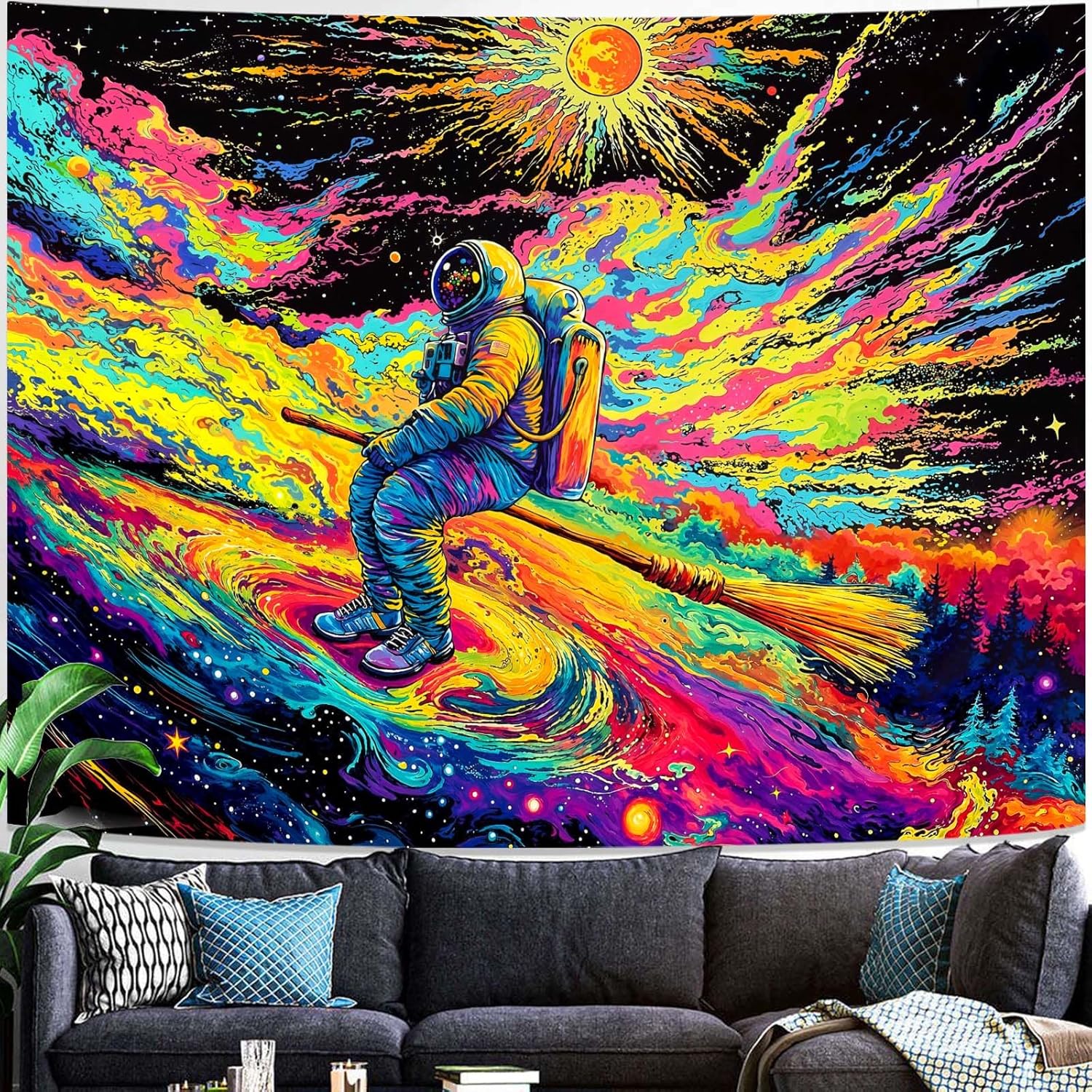 Psychedelic Astronaut Wall Tapestry Cosmic Broom Ride Space Art Trippy Dream Decor Boho Living Room Bedroom Hanging Design 100X70CM