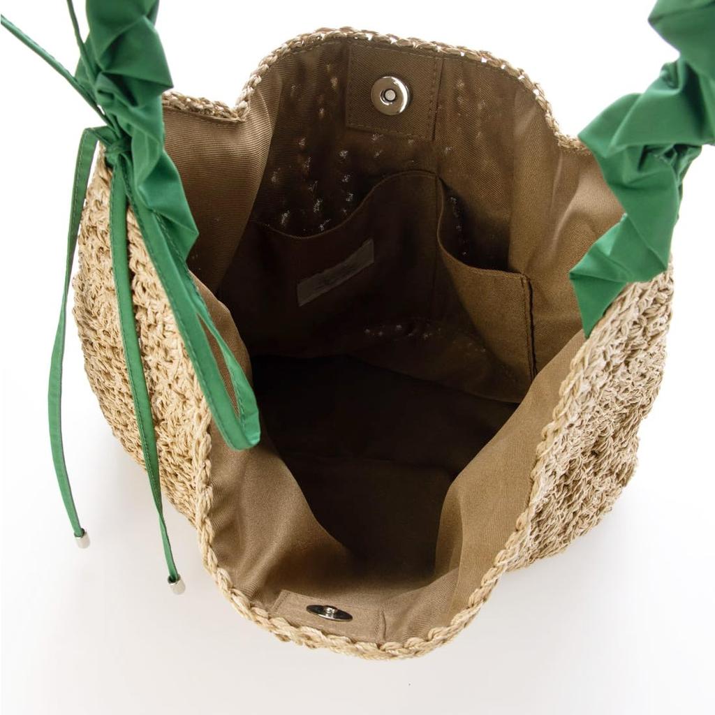 Drawstring frill handle woven tote bag