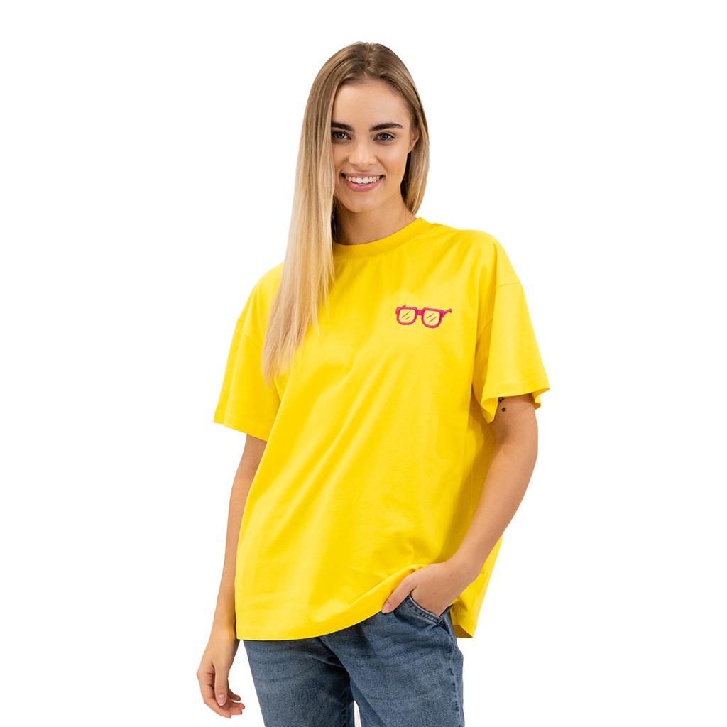 Żółta Koszulka Oversized Z Modnym Motywem Okularów, Stylowa I Wygodna, M