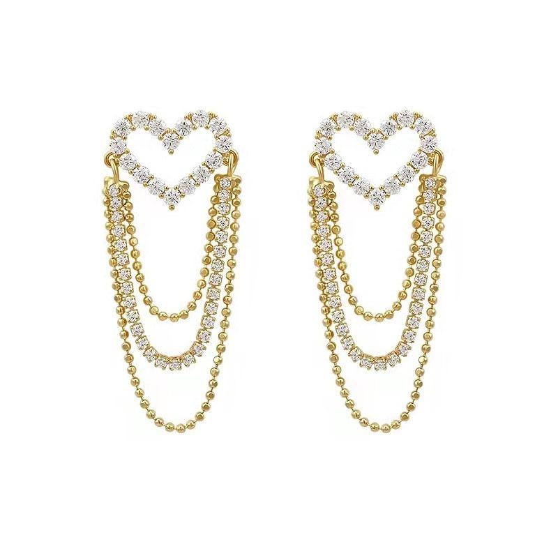 Love Tassel Multi-layer Chain Earrings Korean Heart-shaped Rhinestone Earrings Party Jewelry Gifts