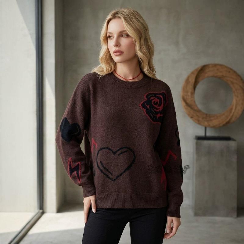 Women Loose Knit Long Sleeve Heart Jacquard Crew Neck Sweater