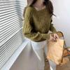 Women's Retro Square Collar Thick Knit Sweater - Autumn/Winter Korean Style, Waist-Slimming, Loose Fit with Twist Pattern