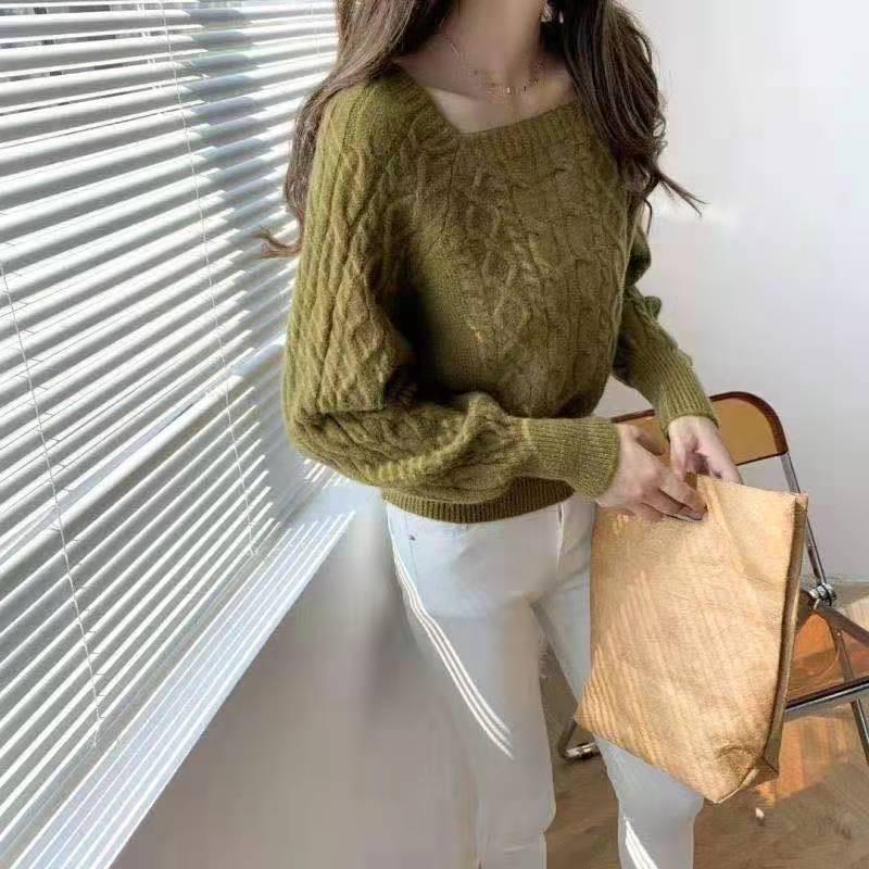 Women's Retro Square Collar Thick Knit Sweater - Autumn/Winter Korean Style, Waist-Slimming, Loose Fit with Twist Pattern