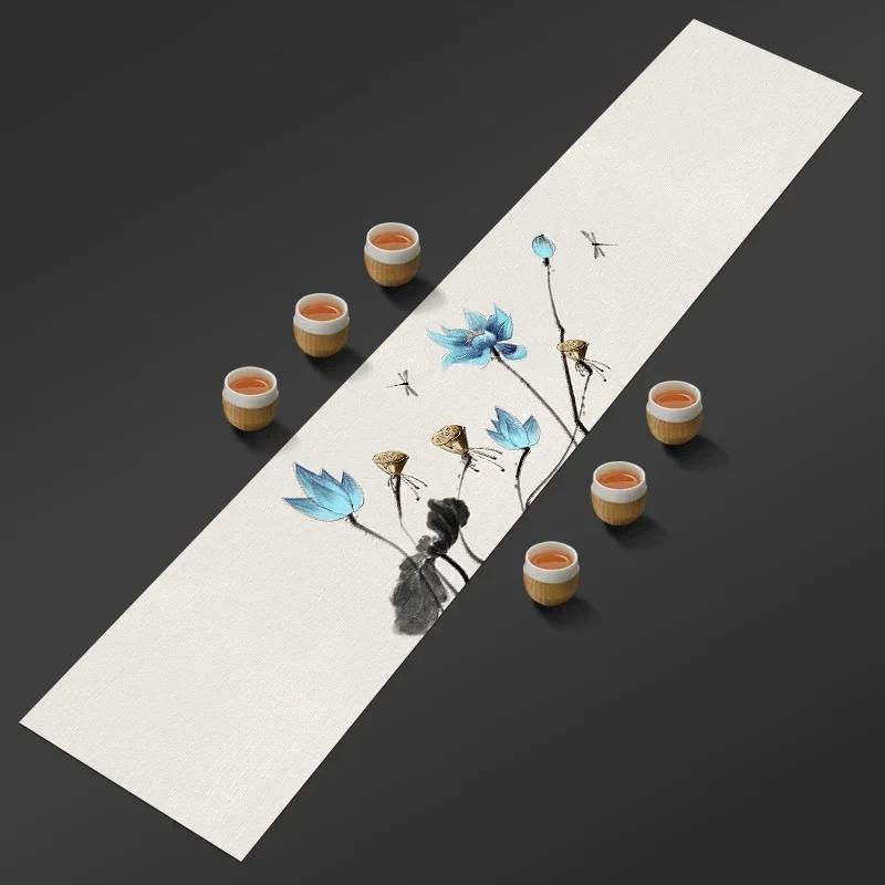 Chinese Lotus Pattern Table Runner Water-Repellent Coffee Table Cloth Decorative Cotton Linen Tea Mat Tea Ceremony Accessories
