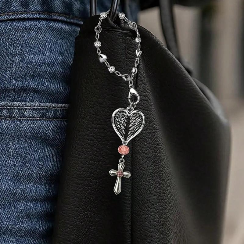 Guardian Heart Wing Cross Charm - Car/Steering Wheel/Handbag Pendant Silver Tone with Pink Crystal Elegant Decor for Auto Interior & Bag Accessory