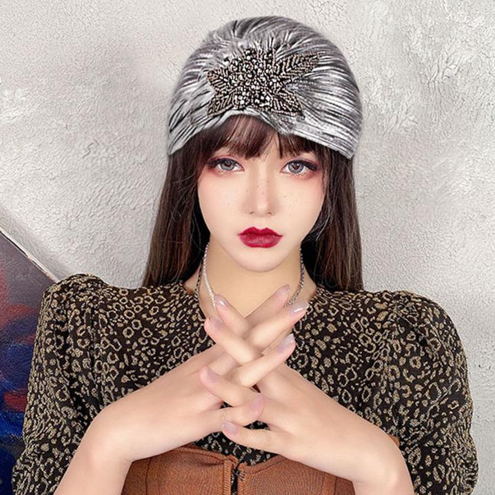 Fashionable Diamond Studded Flower Decorated Hat with Western Style Women's Handbag Headscarf Hair Cover Headband Fashion Hat