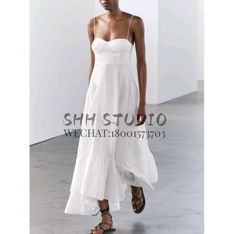 Spring White Fashion Heart-Shaped Collar Bows Camisole Laminated Decoration Poplin Dress 2673072
