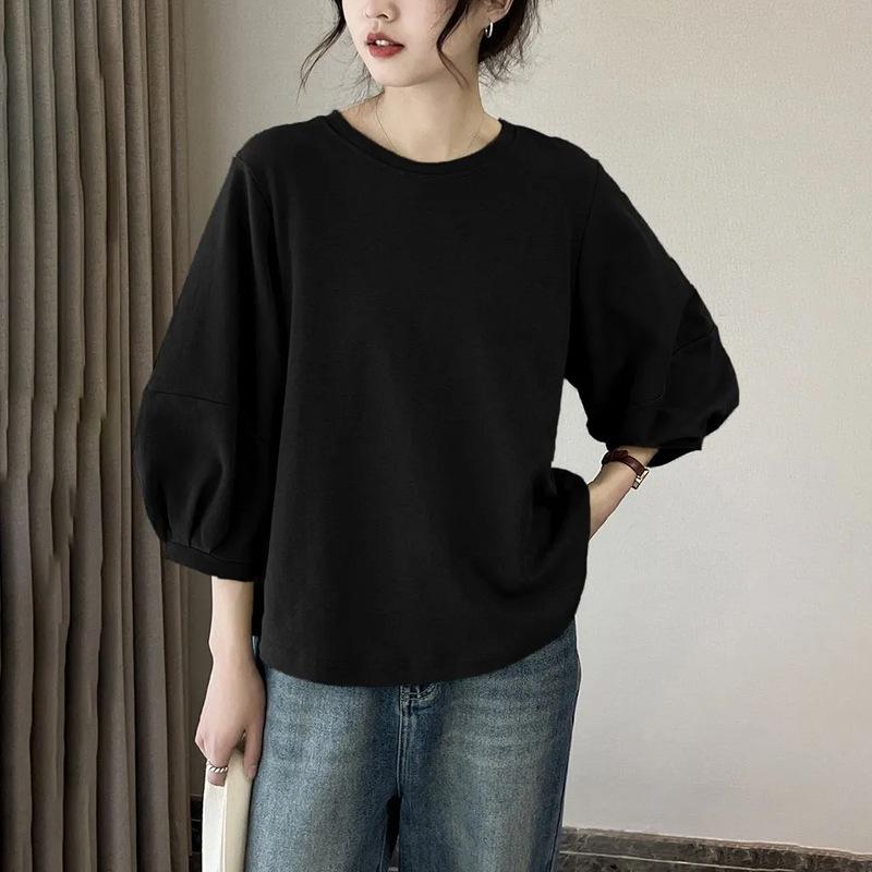 Women's Retro Lantern Sleeve T-Shirt - Hong Kong Style, Casual 3/4 Sleeve Top, Spring/Summer 2026 Collection